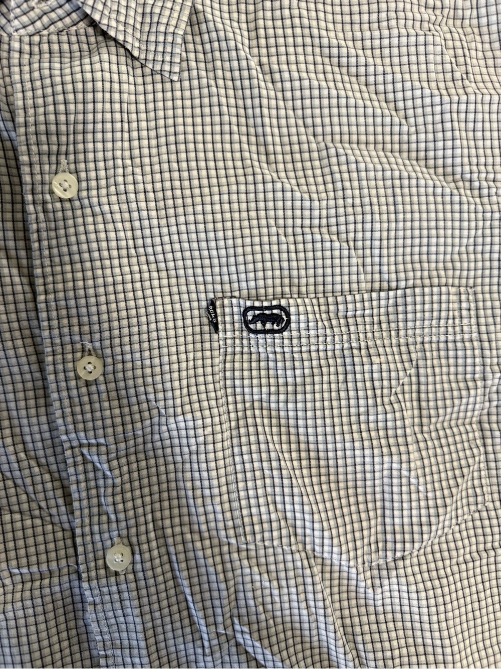 Ecko Unlimited Men's Light Blue and White Checked Button-Down Shirt